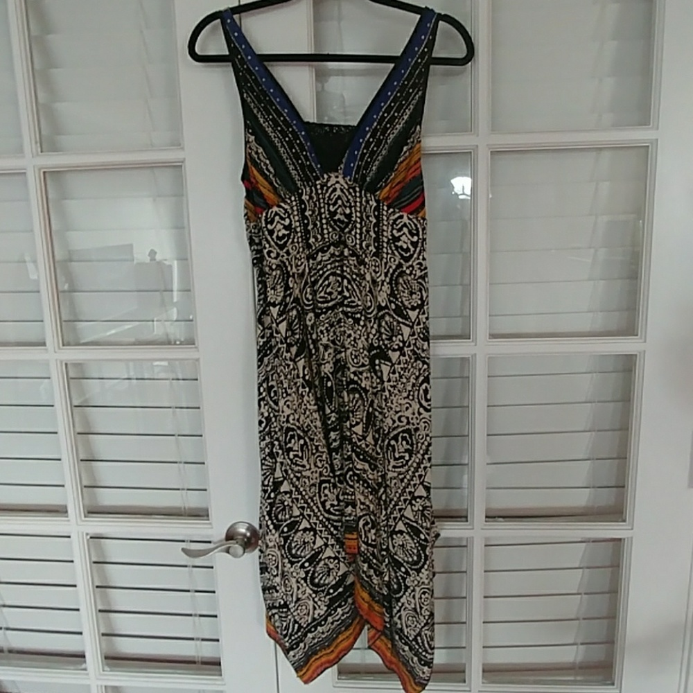 Convertable asymmetrical ethnic print midi dress